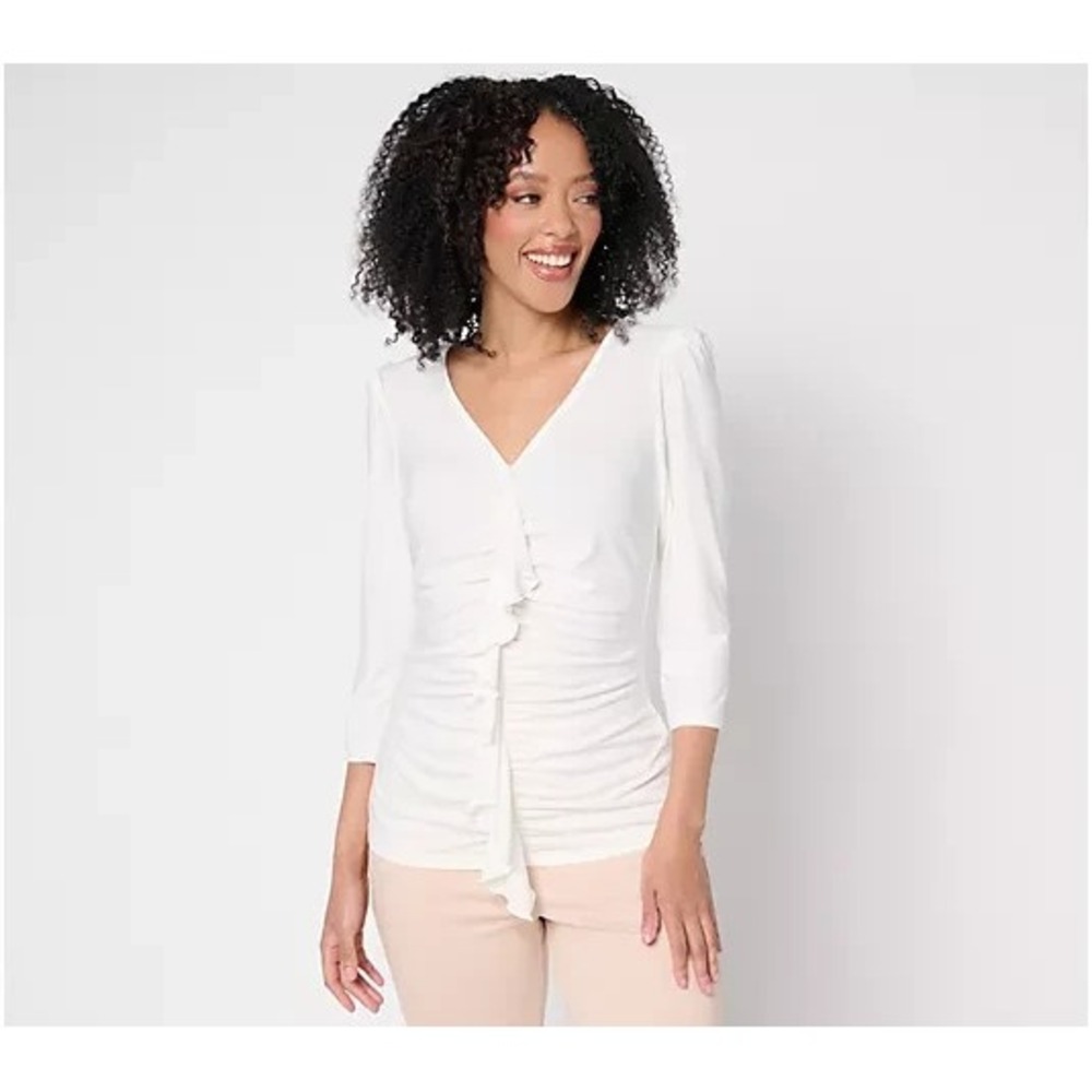 Dennis Basso Italia Knit Cascade-Front Top with 3/4-Sleeves Ivory:Medium #39*